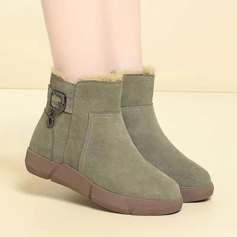 2025 Winter New Women's Suede Snow Boots - Plush Collar Warm  Shoes,  Platform Cotton Boots with Side Zipper and Metal Buckle