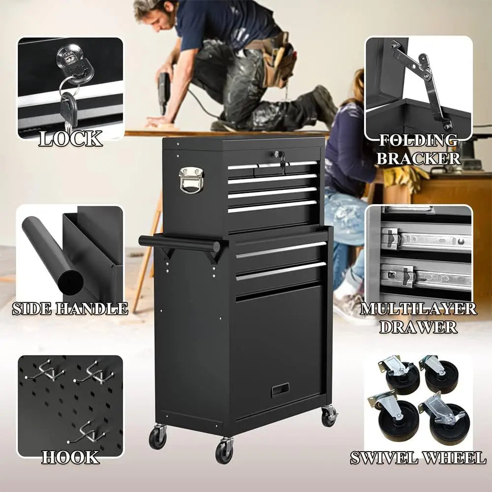 4-Wheel Portable Tool Chest with Lockable Top Box, 8-Drawer Storage for Garage and Warehouse (Stylish Black)
