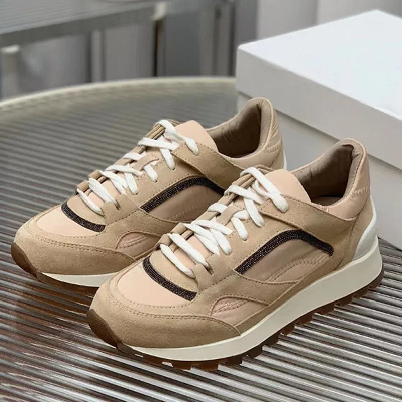 Spring Autumn Sneakers Women Lace Up Round Toe Flat Shoes Lady Suede Leather Patchwork Casual Comfort Outdoor Sports Shoes Woman