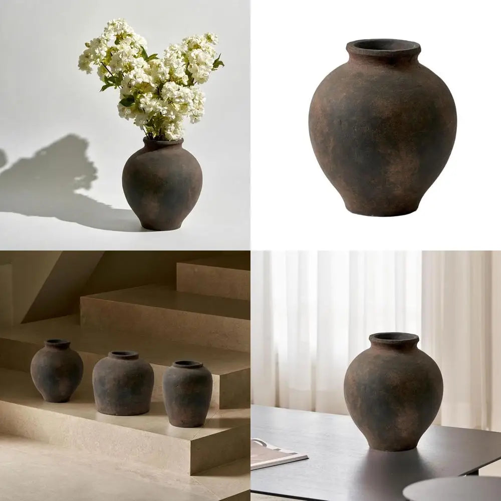 Elegant Brown 11.8 Zen Ceramic Vase for Home Decor with Distressed Farmhouse Style