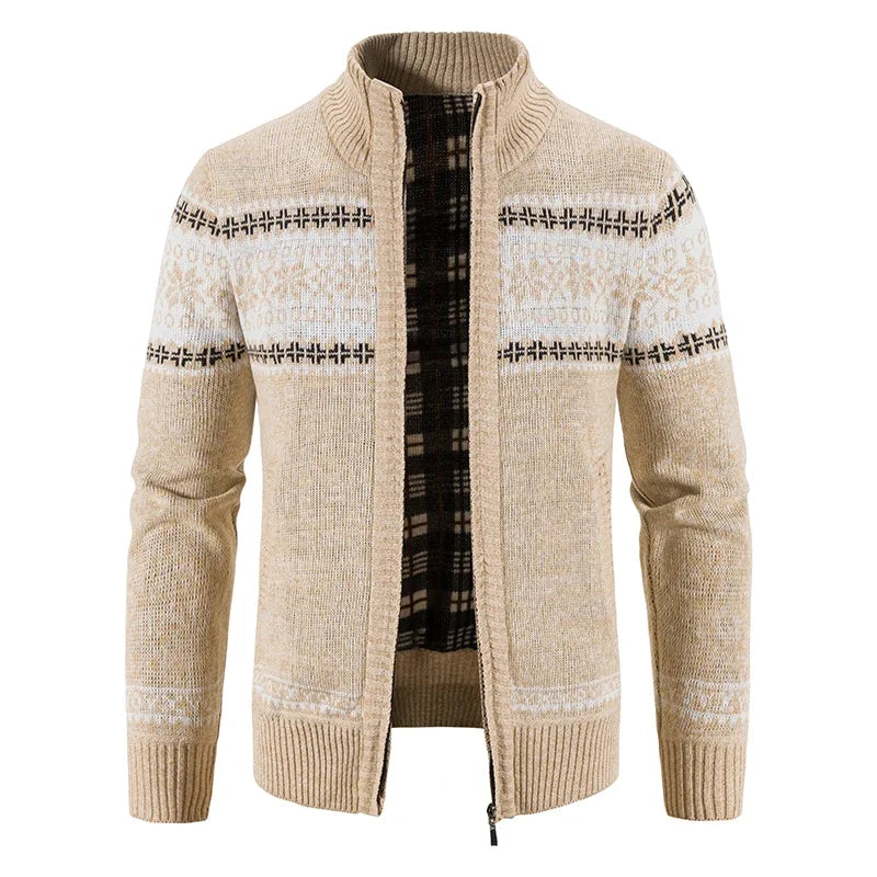New Winter Men's Fleece Cardigan Knit Sweater Coat Casual Knitted Jacket High Quality Male Clothing Beige