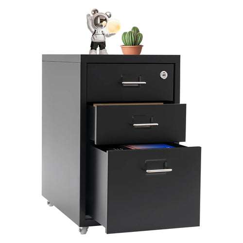3-Layer Metal File Lock Cabinet With Wheels - Black for office school to store office supplies, folders, personal items