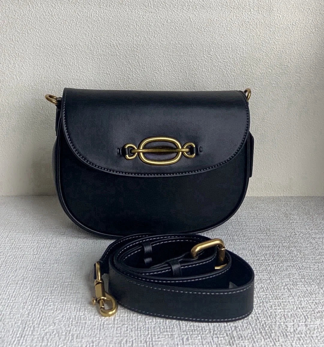 New Black Leather Saddle Crossbody Bag | Gold Buckle Adjustable Strap Shoulder Bag | Retro Fashion Handbag for Daily/Date