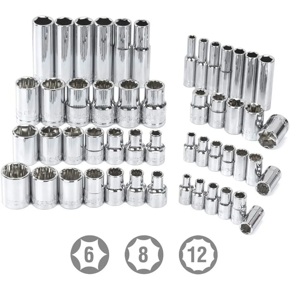 WORKPRO 450-Piece Drive Socket Set 1/2 1/4 3/8, CR-V Metric and Imperial with Quick-Release Ratchet Wrench, Spanners, Bits Set,