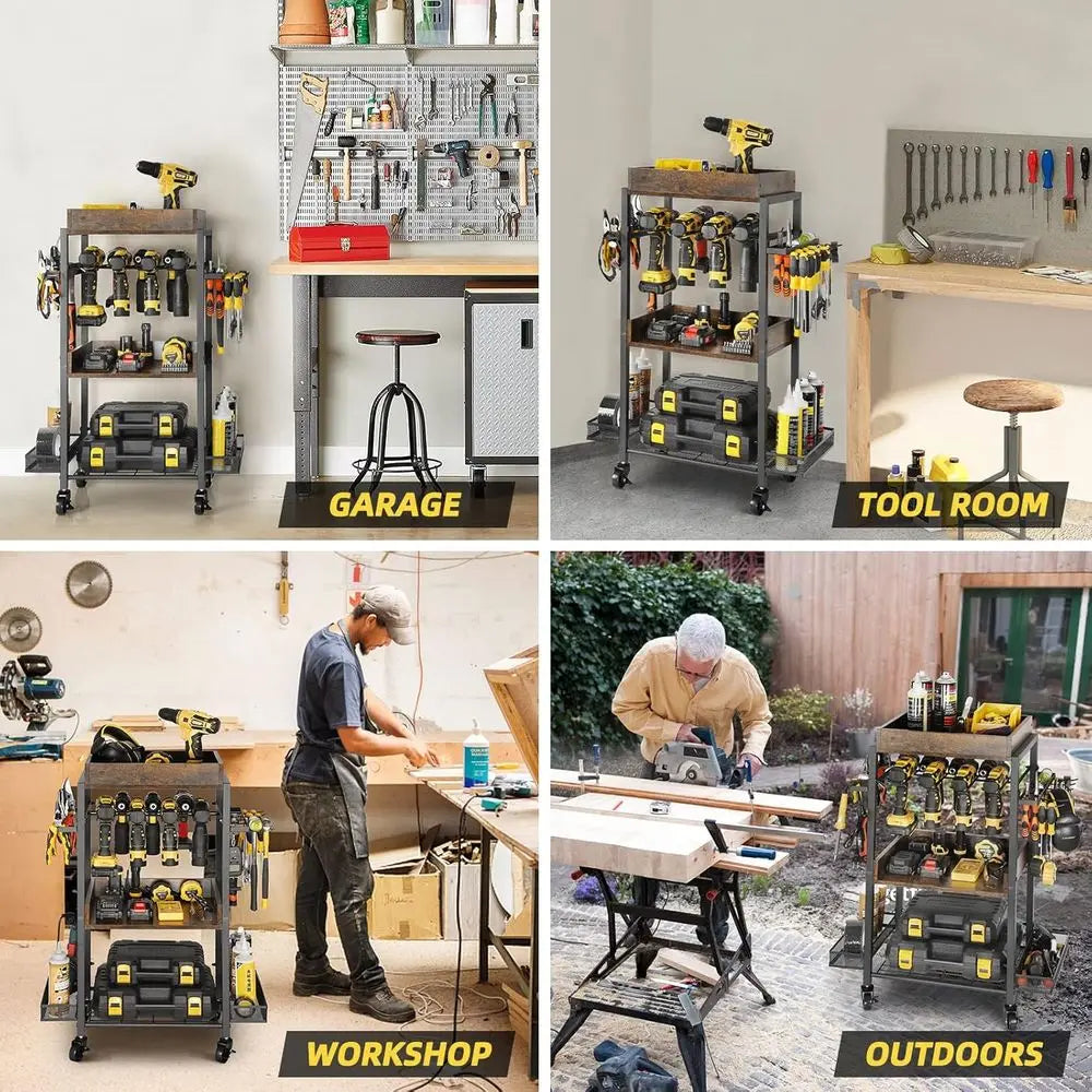 Olakee Power Tool Organizer Garage Storage Organization Shelving Tool Holder Drill Rack Shelf Rolling Cart Open Tool Chest Cabin