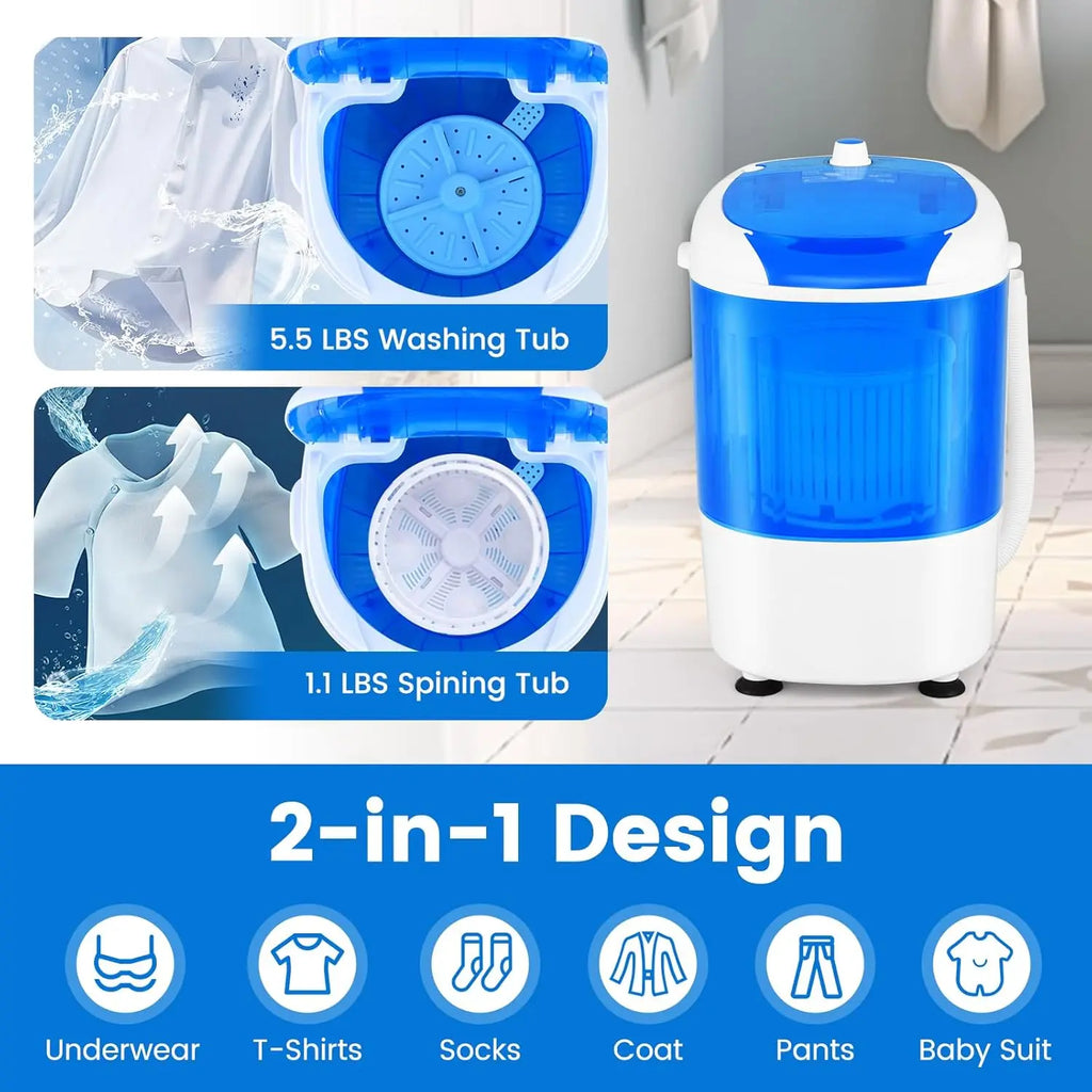 Portable Mini Washing Machine with Spin Dryer, Washing Capacity 5.5lbs, Electric Compact Machines Durable Design Energy