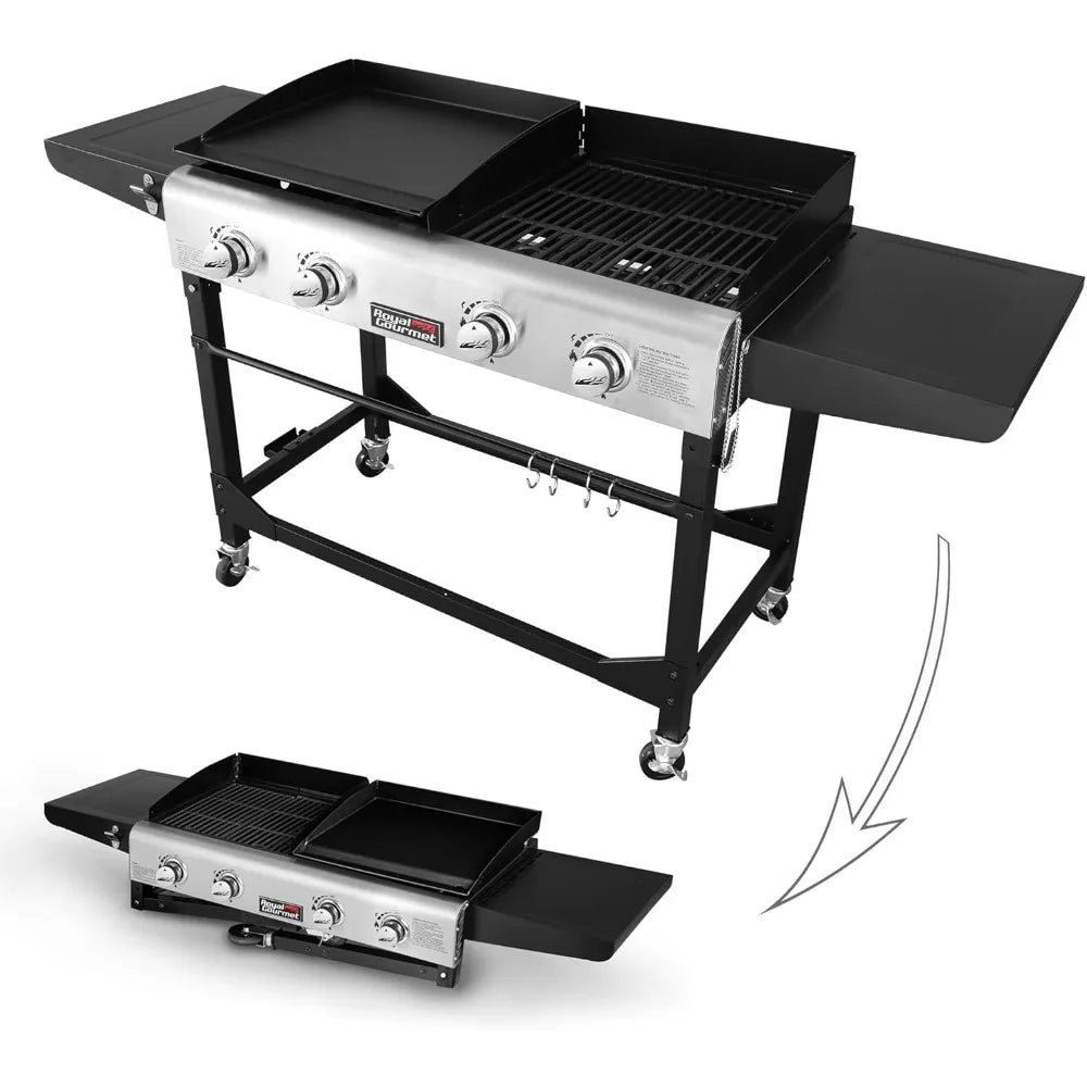GD401C 4-Burner Propane Gas Grill and Griddle Combo with Cover, Griddle Grill Combo with 48,000 BTUs Output for Outdoor Cooking