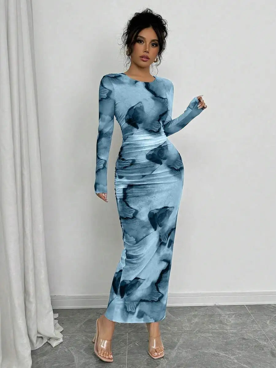 Elenzga Elegant Gradient Long Sleeve Slim Fit Women's Dress Fall Cloth For Women
