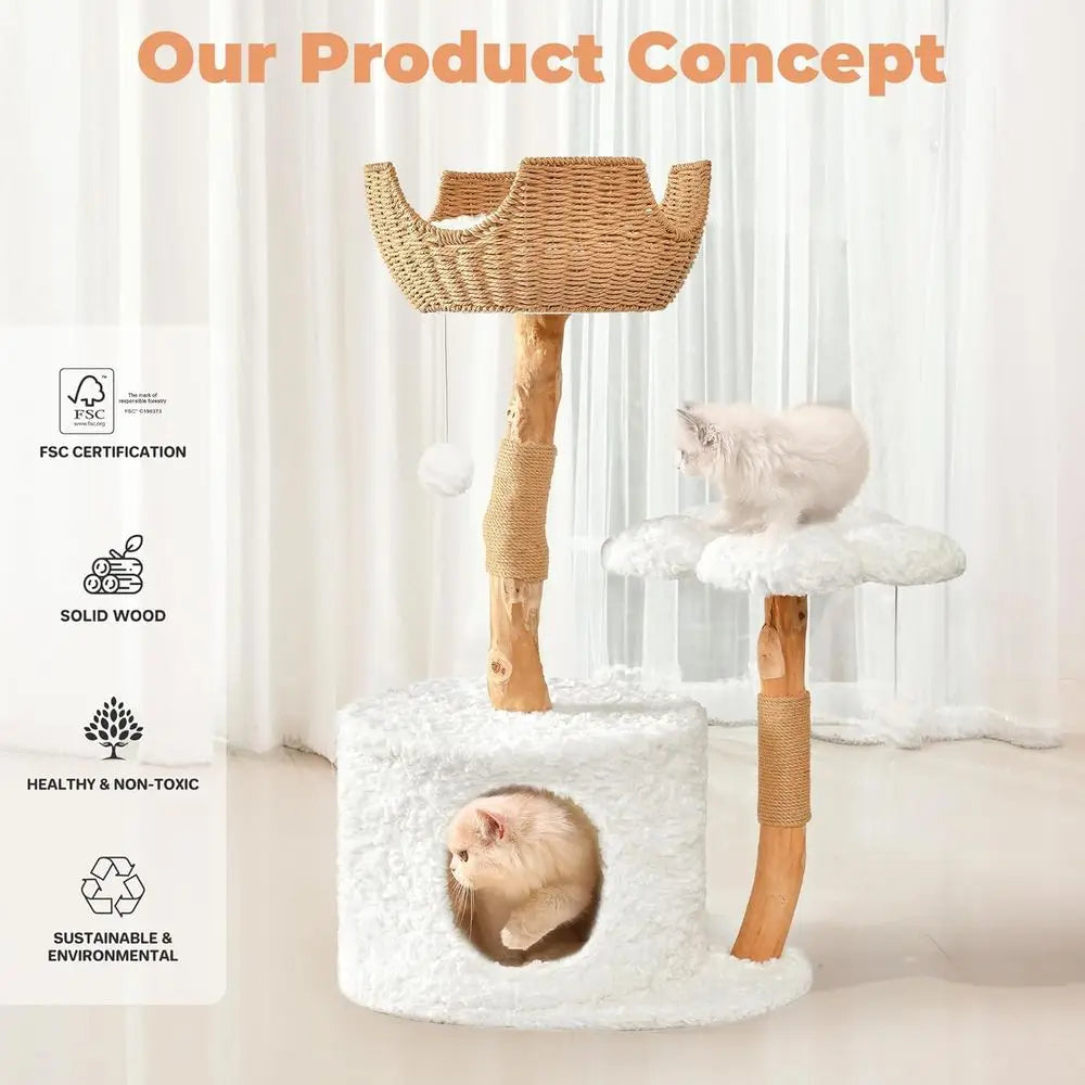 Luxury Wooden Cat Tower with Scratching Posts and Flower Platforms for Large Cats, Rabbit Hair White