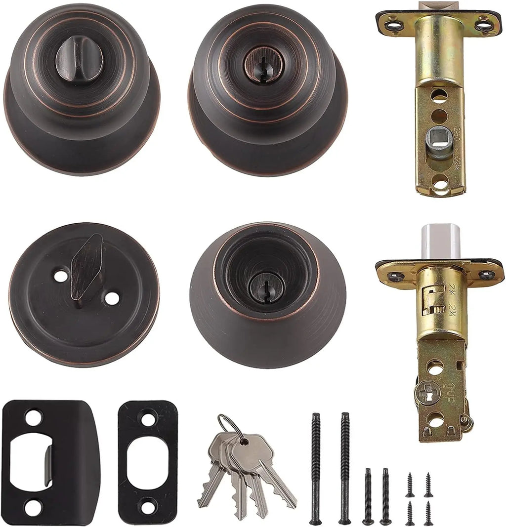 Exterior Door Knob Set with Key Lock and Deadbolt, Oil Rubbed Bronze Finish, Adjustable for Standard Doors