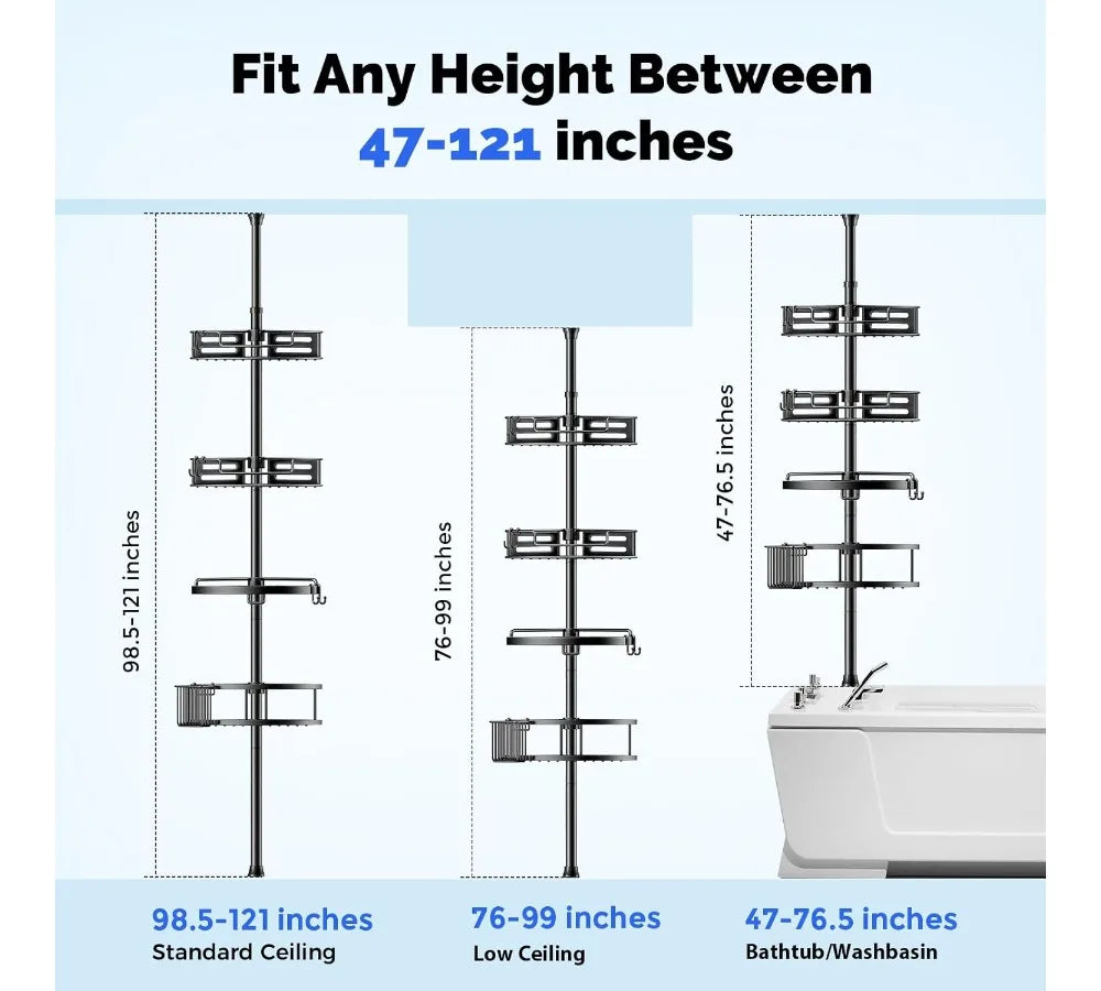 Adjustable Tension Pole Shower Caddy: 4-Tier Rustproof Bathroom Organizer with Quick Installation for Small Spaces