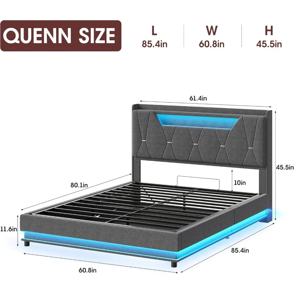 Queen Size Lift Storage Bed Frame with Upholstered Headboard, Charging Station, LED Lights, and Platform Design