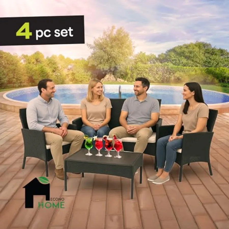 EconoHome 4-Piece Outdoor Patio Furniture Set with Weather-Proof Wicker Rattan Chairs and Loveseat Glass-Topped Coffee Table Cu