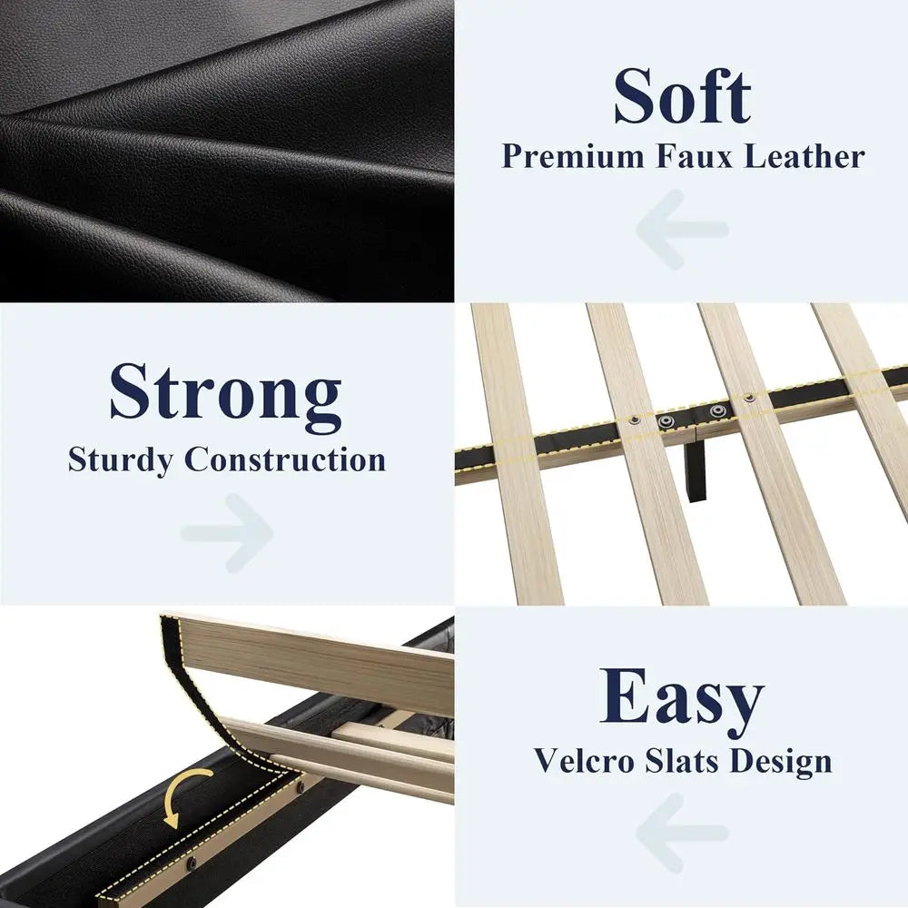 DAFIFY King Size Bed Frame Adjustable Headboard, Faux Leather Platform Bed, Wood Slats, Mattress Foundation, No Box Spring, Easy
