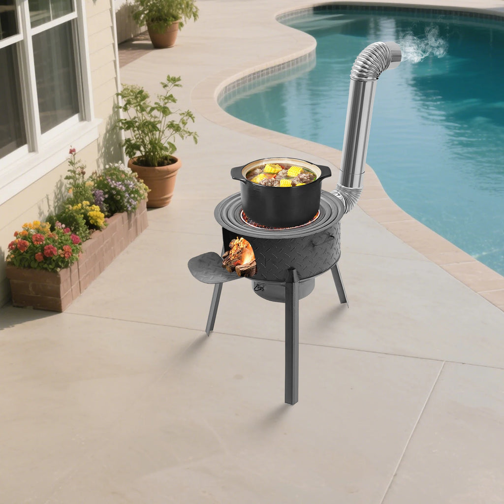 Wood Burning Steel Stove with 3 Wok Rings,19.68in Multifunction Wood Burning Stove for Outdoor/Backyard Use