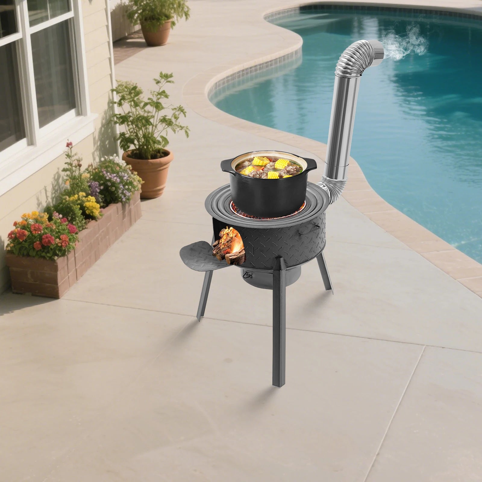 Wood Burning Steel Stove with 3 Wok Rings,19.68in Multifunction Wood Burning Stove for Outdoor/Backyard Use