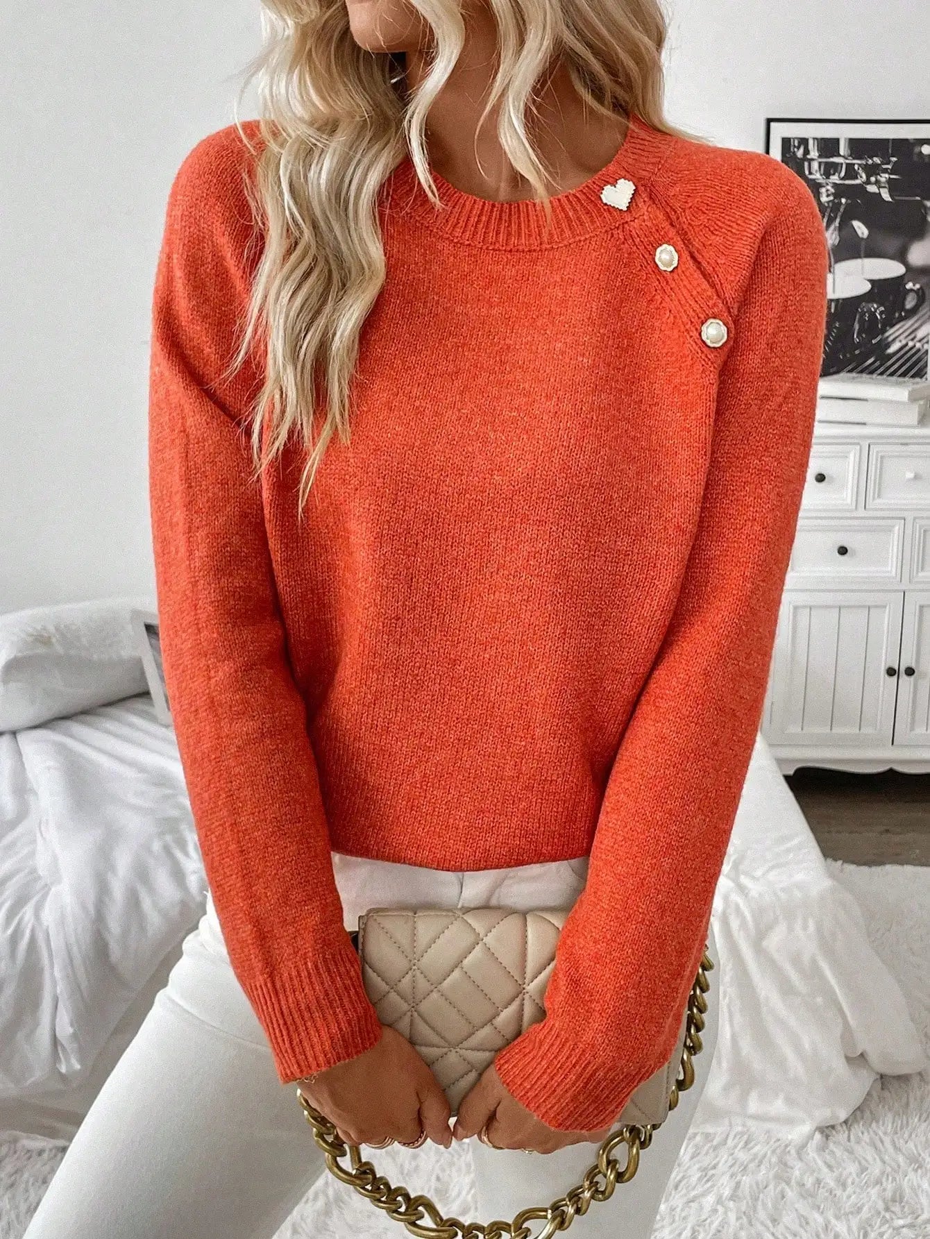 Orange Long Sleeve Knit Pullover with Pearl Buttons and Heart Detail, Fall Winter Basic Sweater