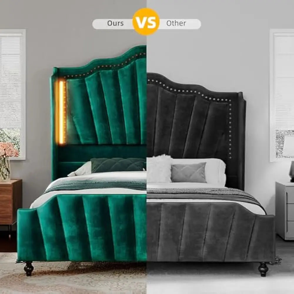 LED Queen Size Platform Bed Frame with 60" Tall Wingback Headboard and Footboard, Velvet Upholstered Bed, No Box Spring Needed