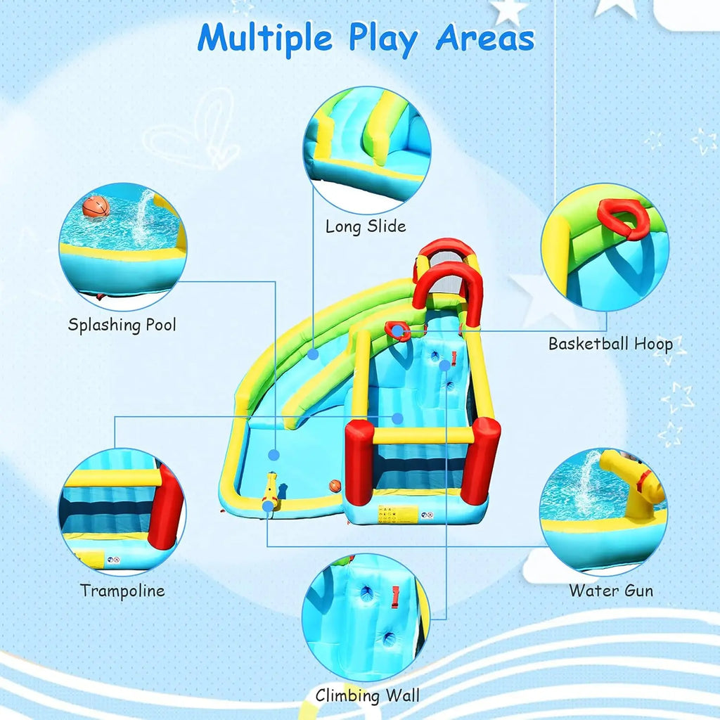 6-in-1 Bounce House, Inflatable Jumper w/Slide, Climbing Wall, Splash Pool, Water Gun, Basketball Hoop, Outdoor Indoor Blow Up B