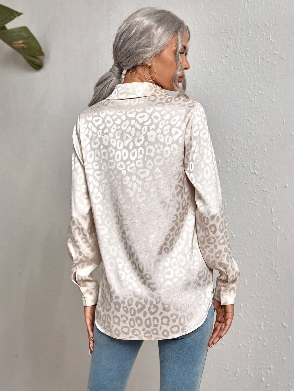 Leopard Jacquard Satin Button Down Shirt for Women, Long Sleeve Elegant Top
