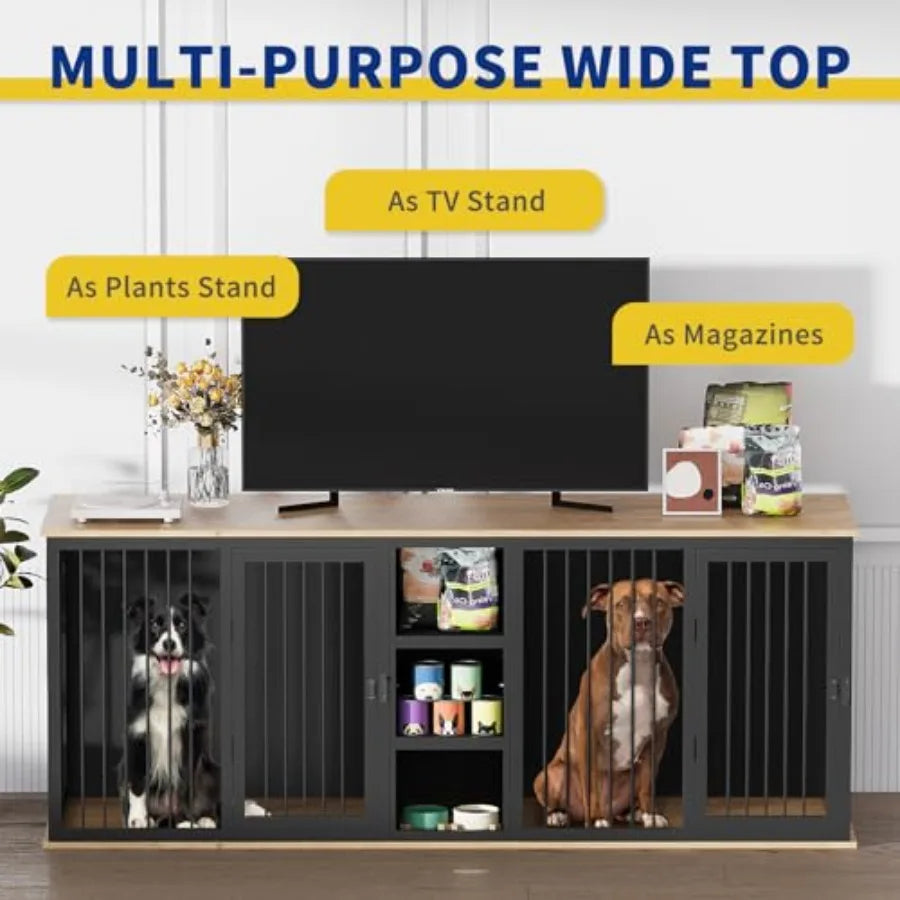 Dog Crate Furniture Indoor for 2 Dogs 79'' Farmhouse Steel Frame Wooden Dog Kennel with Adjustable Division Board and Sliding D