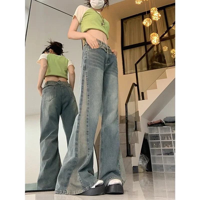 Slimming High Waist Bell Bottom Jeans Women's plus Size Patchwork Design American Retro Style Autumn New Arrival Long Pants