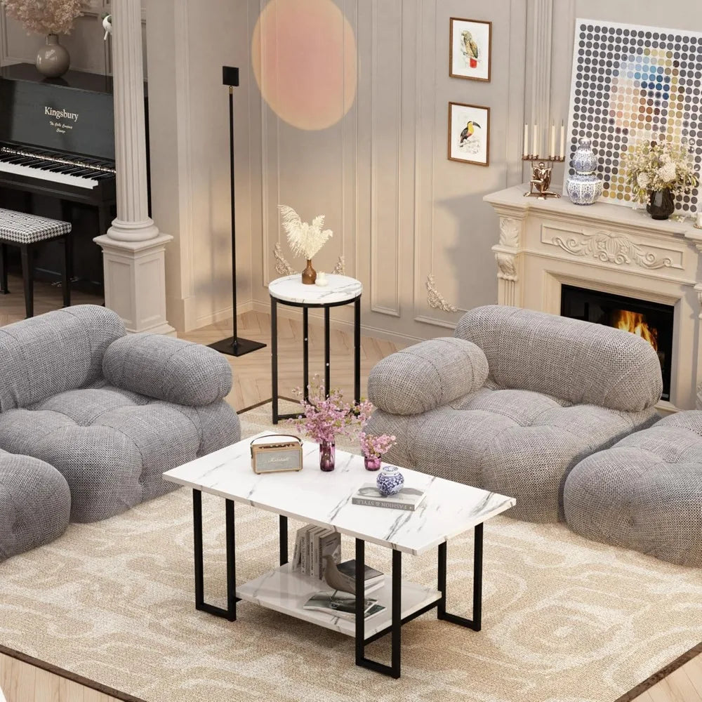 3 Pieces Living Room Table Set, Faux Marble Coffee Table with 2 Round End Side Tables, Coffee Table Set with Metal Frame