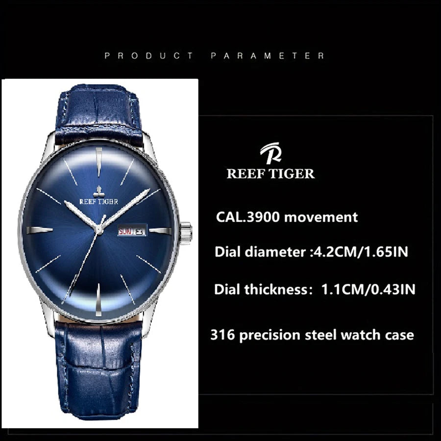 Reef Tiger men's mechanical watch, fully automatic, multi-functional, dual calendar, business men's watch, men's clock RGA8238