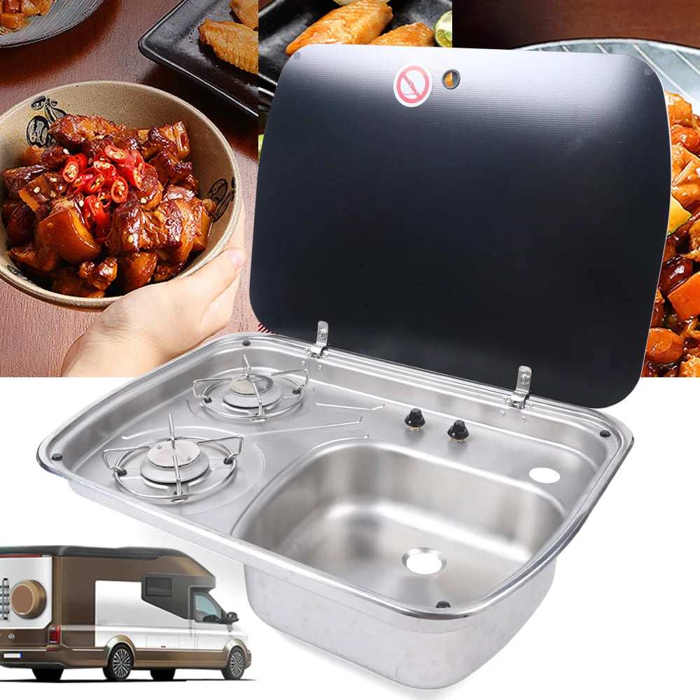 Boat Caravan Camper 2 Burner Gas Stove Hob and Sink Combo With Tempered Glass Lid Stainless Steel Hand Wash Basin RV Kitchen