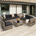 8 Pieces Outdoor Wicker Rattan Patio Furniture Sectional Set, Glass Top Table with Hidden Storage, 7 Sofa Sections, Oversized Cu