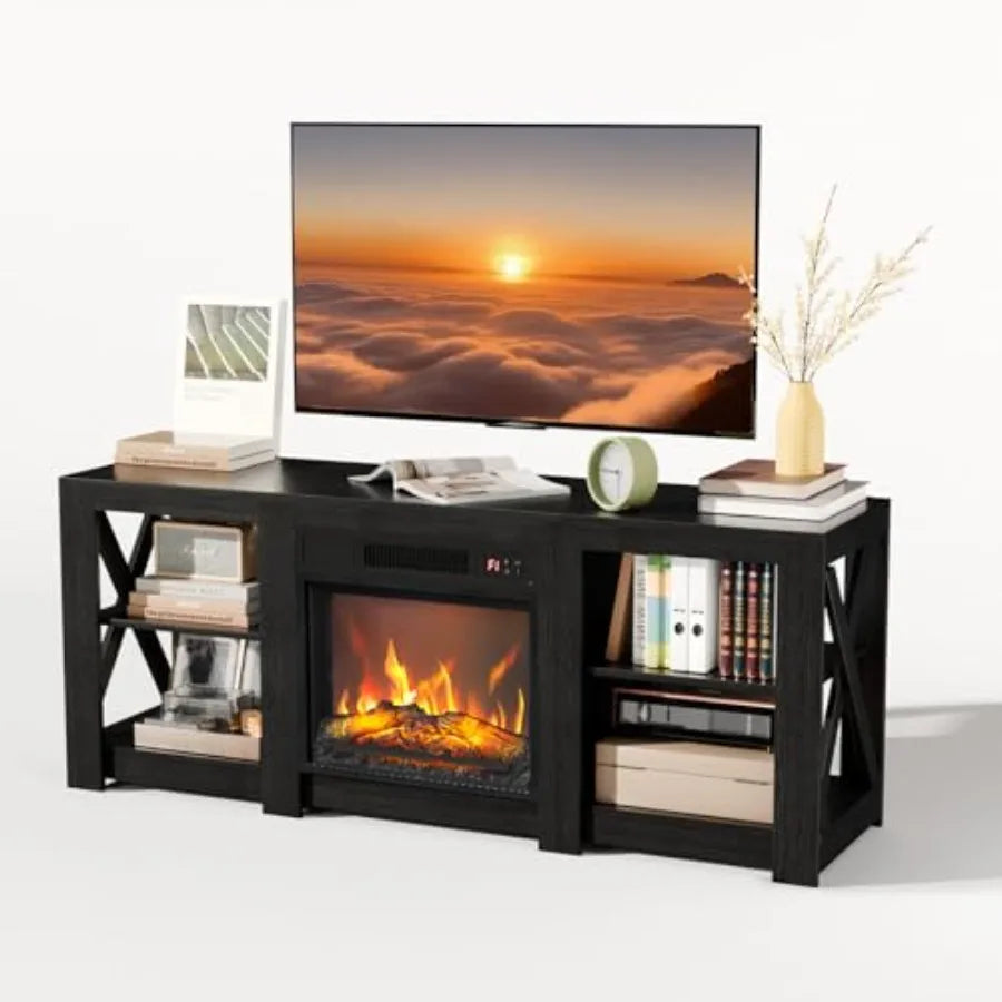 VINGLI Fireplace TV Stand for up to 70 inch TVs Farmhouse Entertainment Center with Electric Fireplace Heater Adjustable Shelve