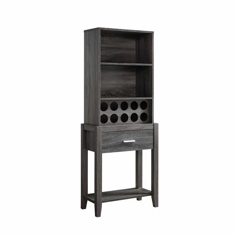 Distressed Grey Wine Bar Cabinet with Drawer & Open Shelves for Kitchen Storage