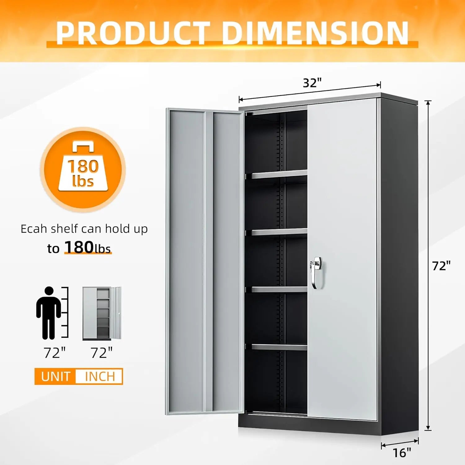Metal Storage Cabinet, Garage Steel Locking Cabinets with Doors and 4 Adjustable Shelves, TallLockableFileToolCabinetsBlack-Grey