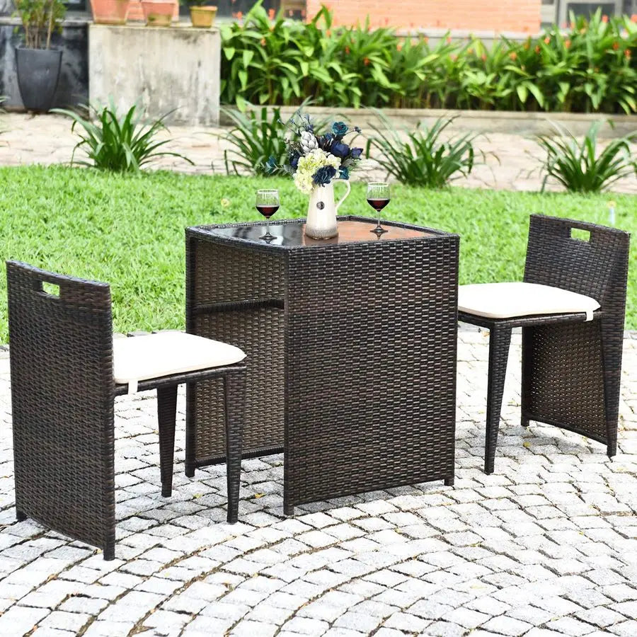 3 Piece Outdoor Rattan Dining Set, No Assembly Patio Bistro Set with Tempered Glass Table, Space Saving Patio Wicker Cushioned