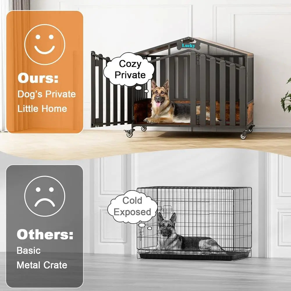 Heavy Duty Dog Crate Furniture, Dog Kennel Indoor with 360° Wheels, Dog Crates for Large Dogs (Over 60lb), Dog House with Feedin