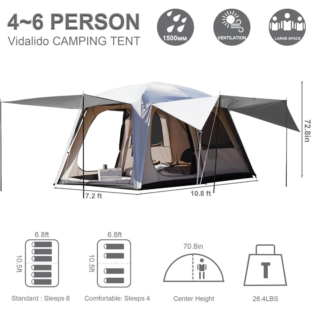 Large Family Cabin Tent for 4-6 People: 3-Door, 2-Room, Waterproof Double Layer Portable Glamping Tent