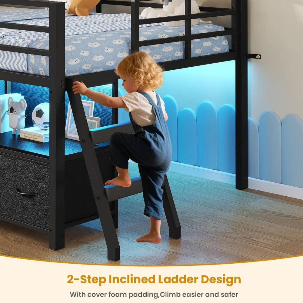 Low Loft Bed Twin Size with 7 Storage Drawers, Bookcase and LED Lights, Metal Kids Loft Bed with 14" H Safety Guardrail,Incline