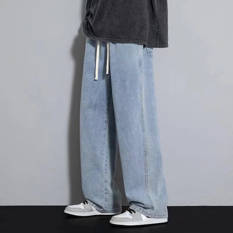2023 New Streetwear Loose Jeans Men Korean Style Fashion Loose Straight Wide Leg Pants Men's Brand Clothing Black Light Blue