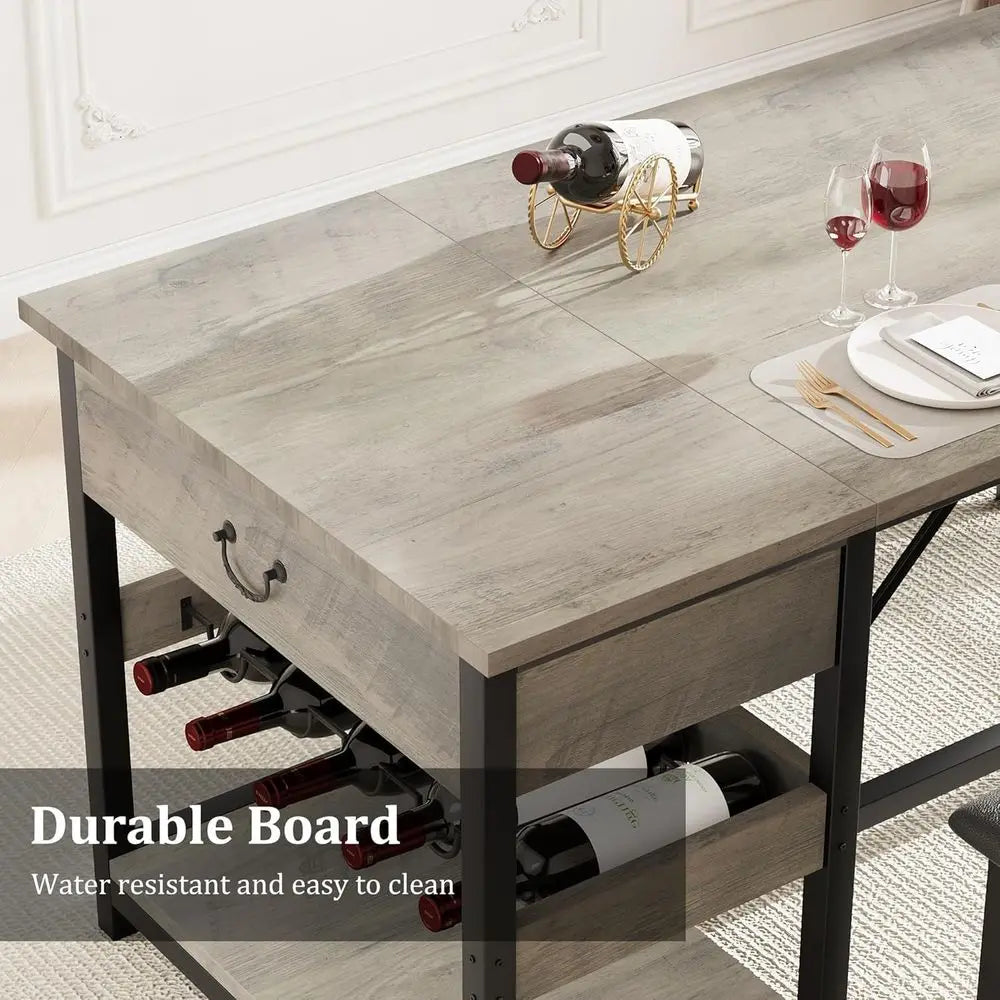 Kitchen Dining Table Set with Upholstered Benches, Storage Drawers & Wine Rack for Small Spaces - Grey