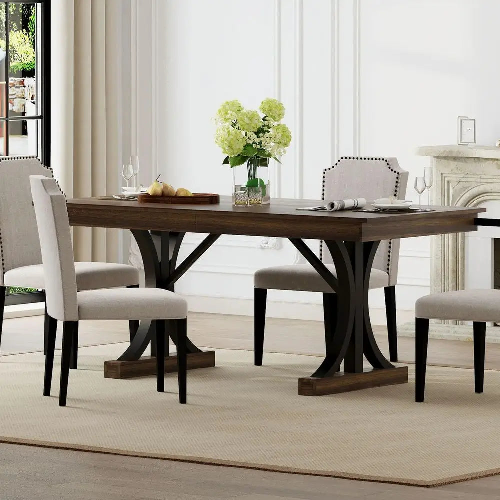 Large Rectangular Wooden Dining Table for 6-8, Sturdy Frame, Double Pedestal Base, Kitchen Dinner Table with Two Drawers