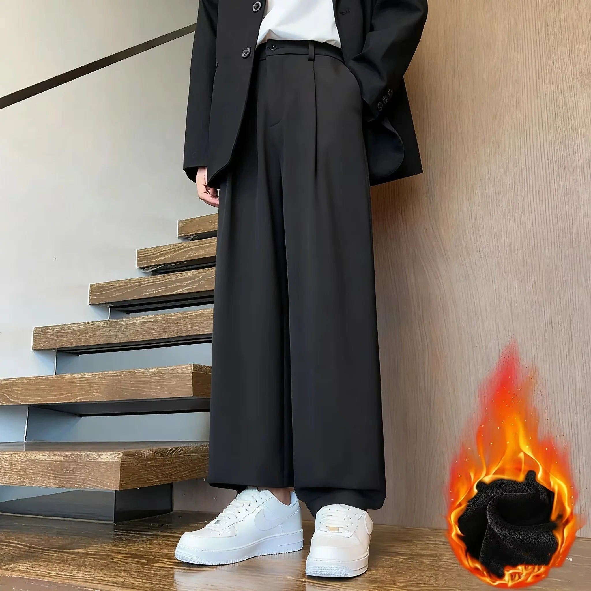 Men Autumn Winter Fleece Lined Trousers High Waisted Flannel Pants American Style Straight Wide Leg Bootcut Draping Men Pants
