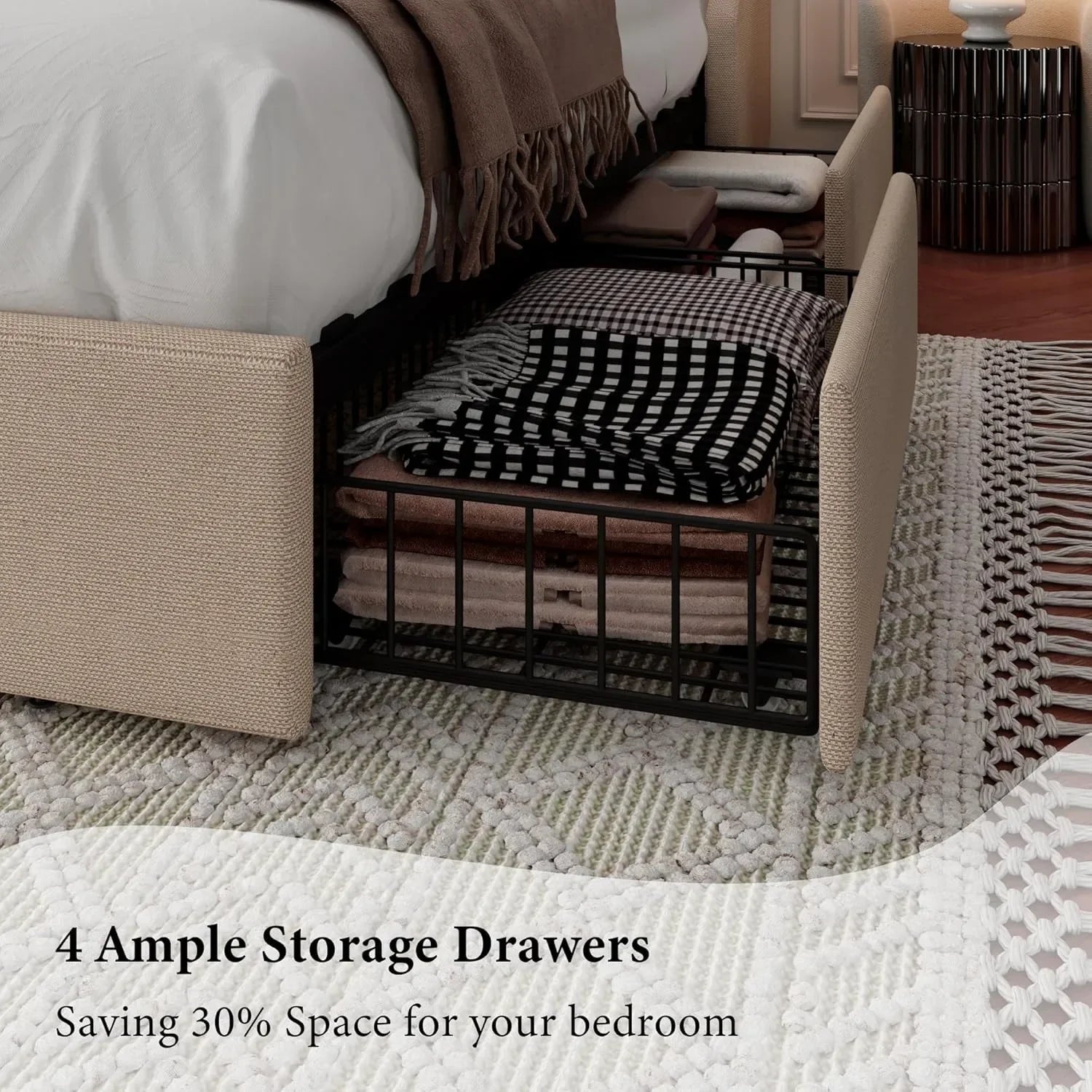 Large bed frame with 4 storage drawers, mattress platform bed frame with Type-C and USB ports, no springs, beige color
