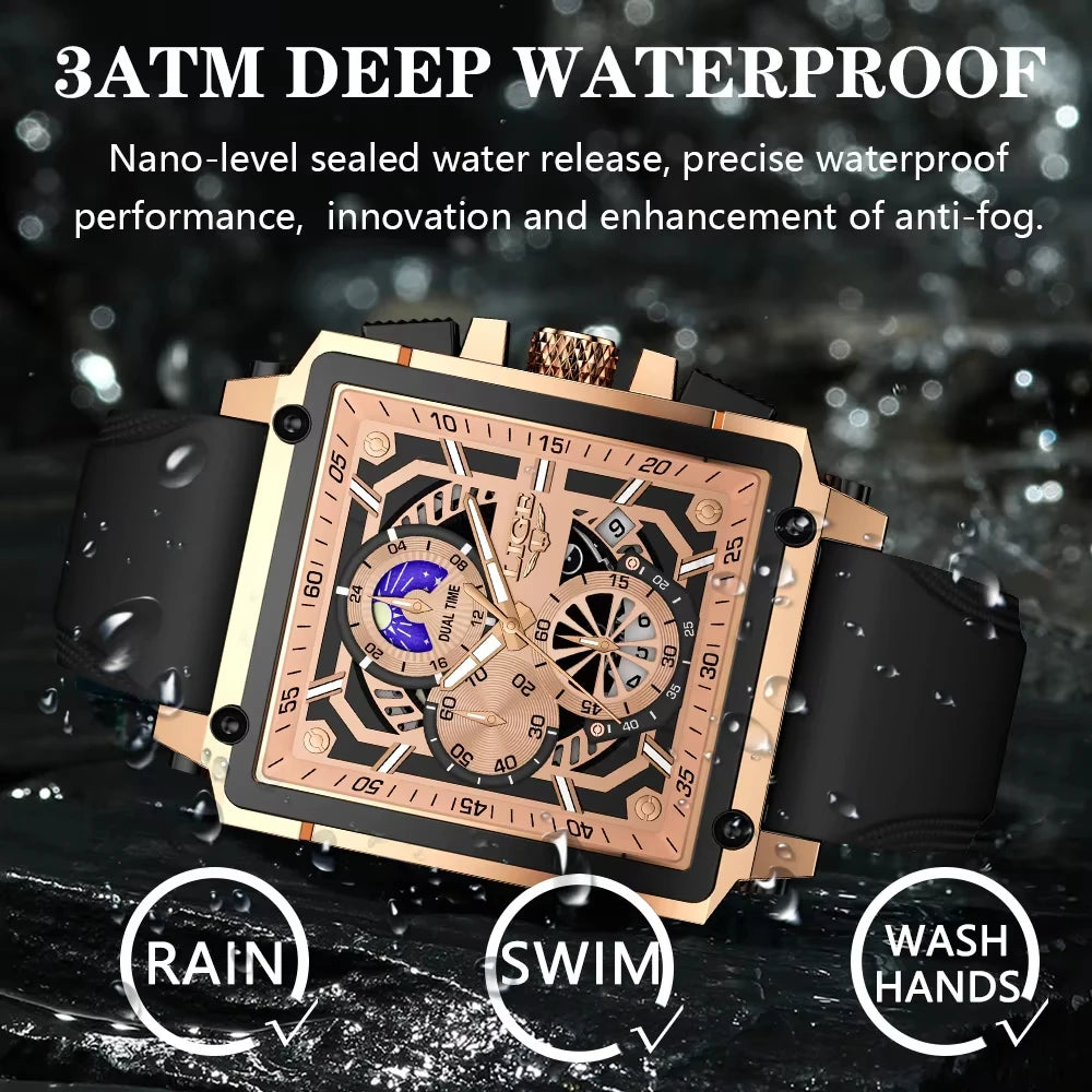 LIGE Men's Watches Silicone Strap Military Chronograph Waterproof Square Man Watch Top Brand Luxury Analog Quartz Wristwatch+Box