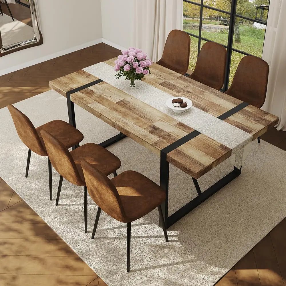 Wood Dining Table Set for 6, 71" Large Rectangular Kitchen & Dining Room Table with 6 Suede Upholstered Chairs,, Customized