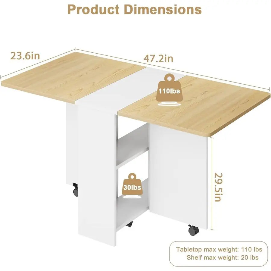 Folding Dining Table, Space Saving Farmhouse Dining Table for 4 Storage Shelf, 6 Wheels Multipose Expandable Kitchen Drop Leaf T