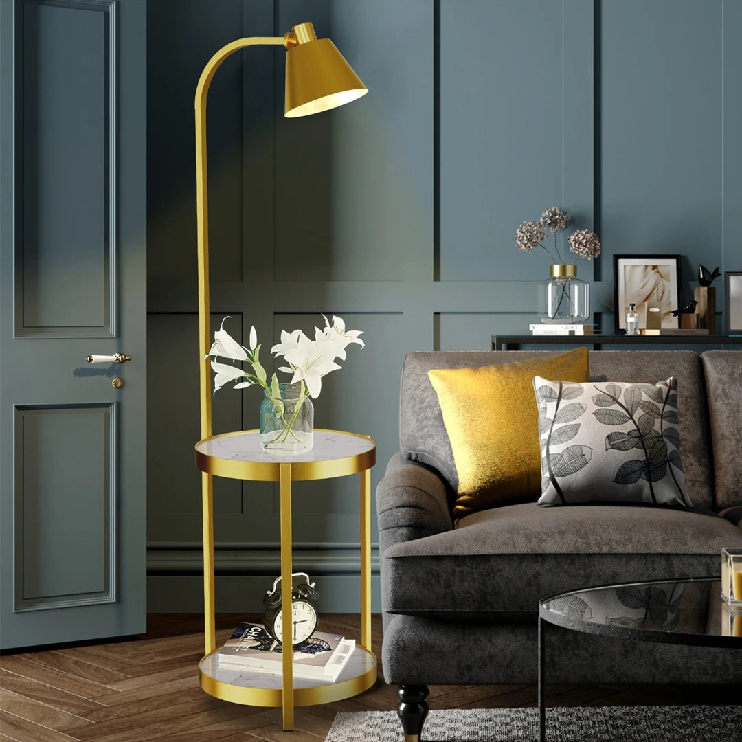 3-in-1 Floor Lamp w/Side Table & Shelves, Golden Iron Frame, Swivel Design for Living Room Bedroom Office