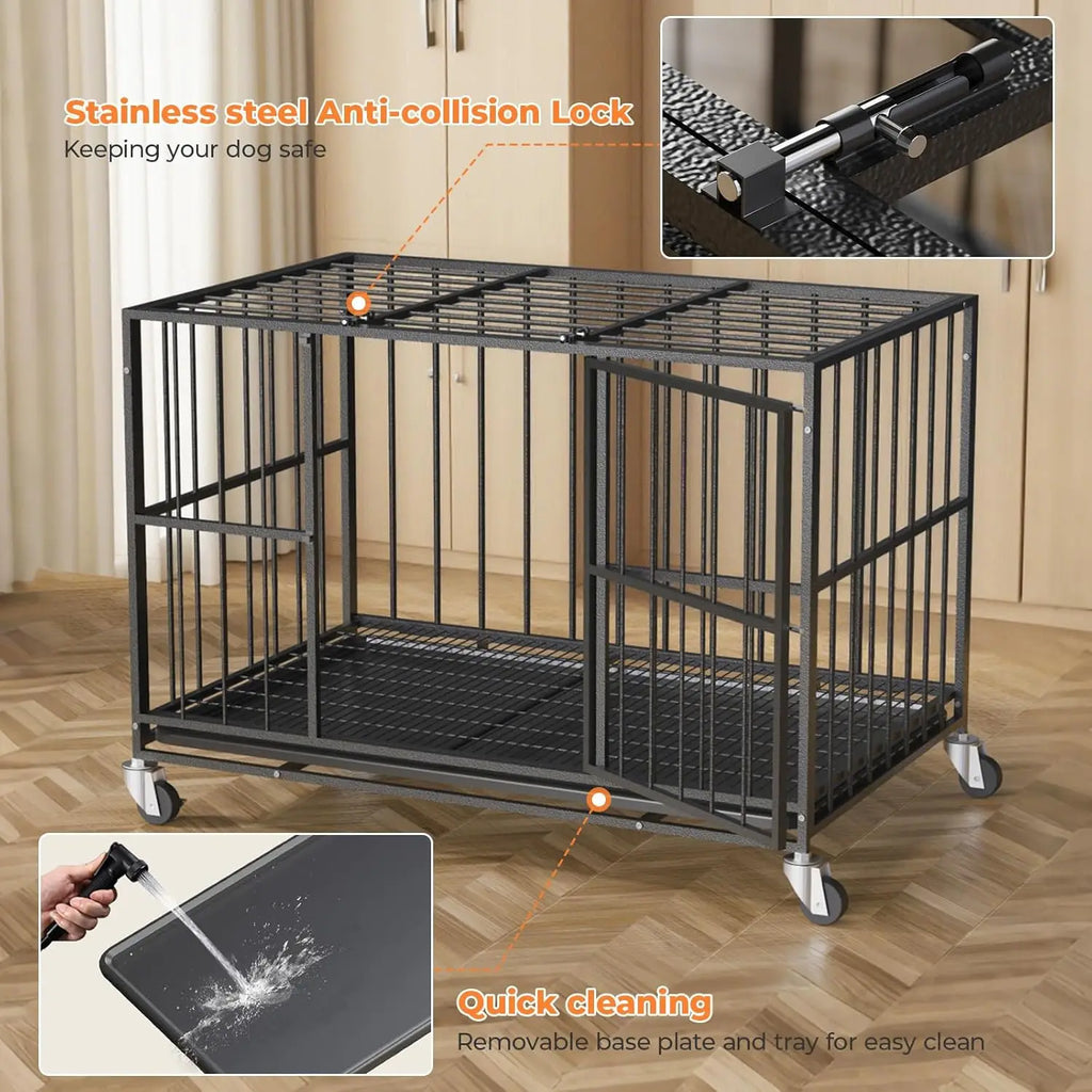 48-Inch Heavy-Duty Steel Dog Crate with Double Doors, Removable Tray, and Wheels for Indoor Use