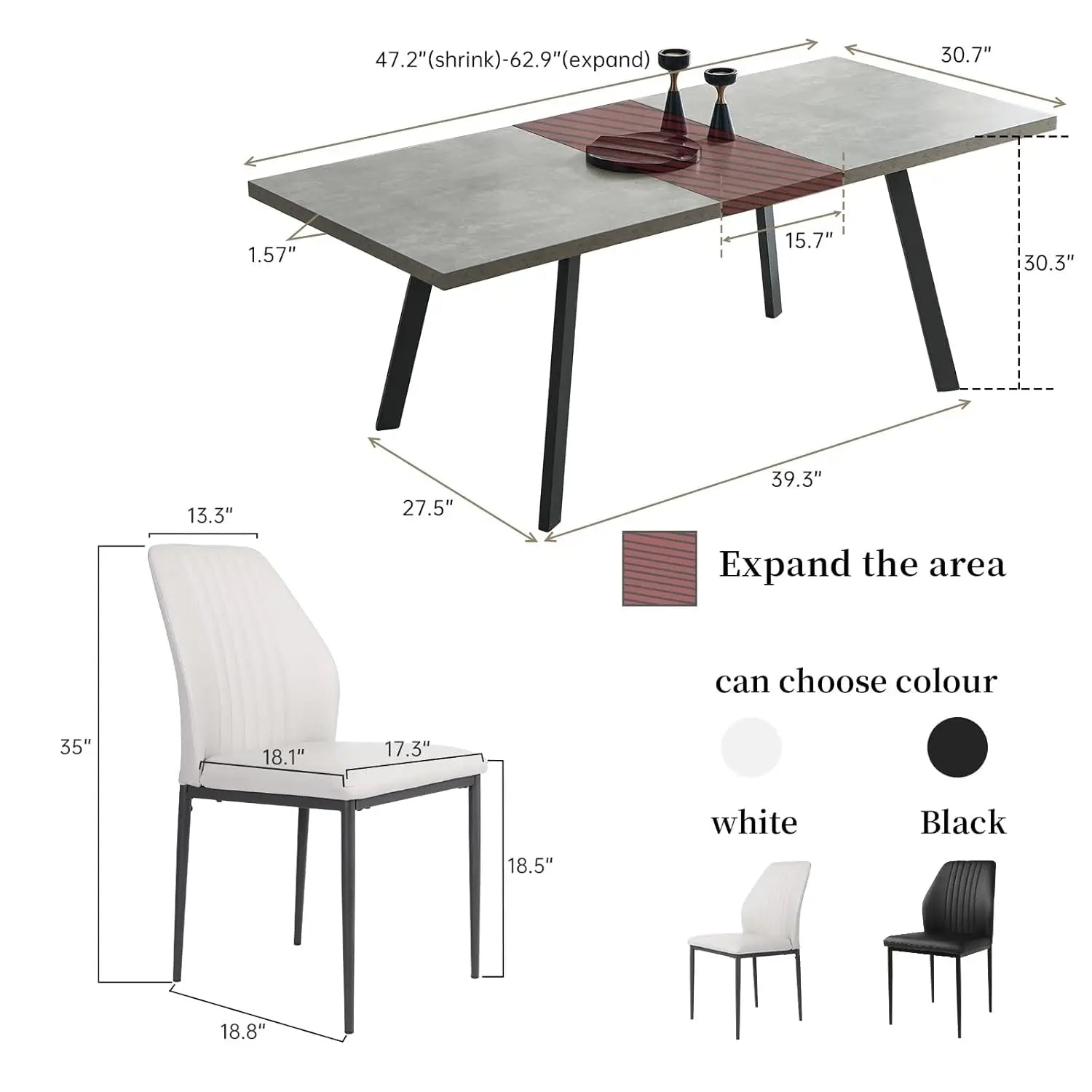 47.2"- 62.9" Extendable Dining Table Set for 6, Modern Kitchen Table with 6 PU Leather Chairs, Thickened Expandable, Customized