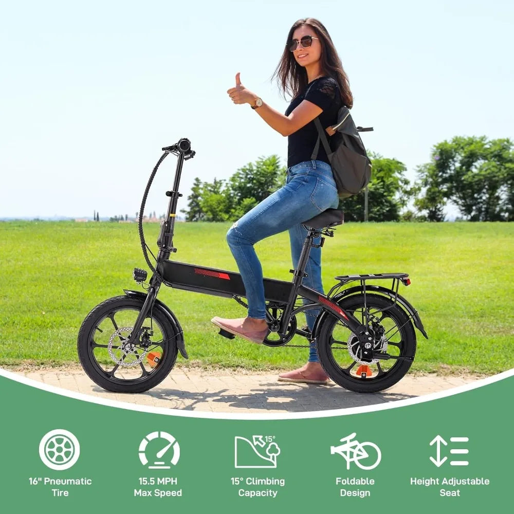 Adult 16 Inch Electric Bike Folding E-Bike 350W Motor Dual Disc Brakes Pedal Assist 35 Miles Range 15.5 Mph Speed Limit