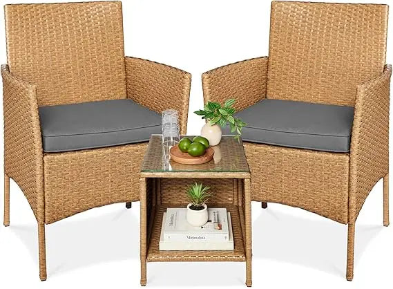 3-Piece Outdoor Wicker Conversation Bistro Set, Space Saving Patio Furniture for Garden w/Side Table - Gray/Navy